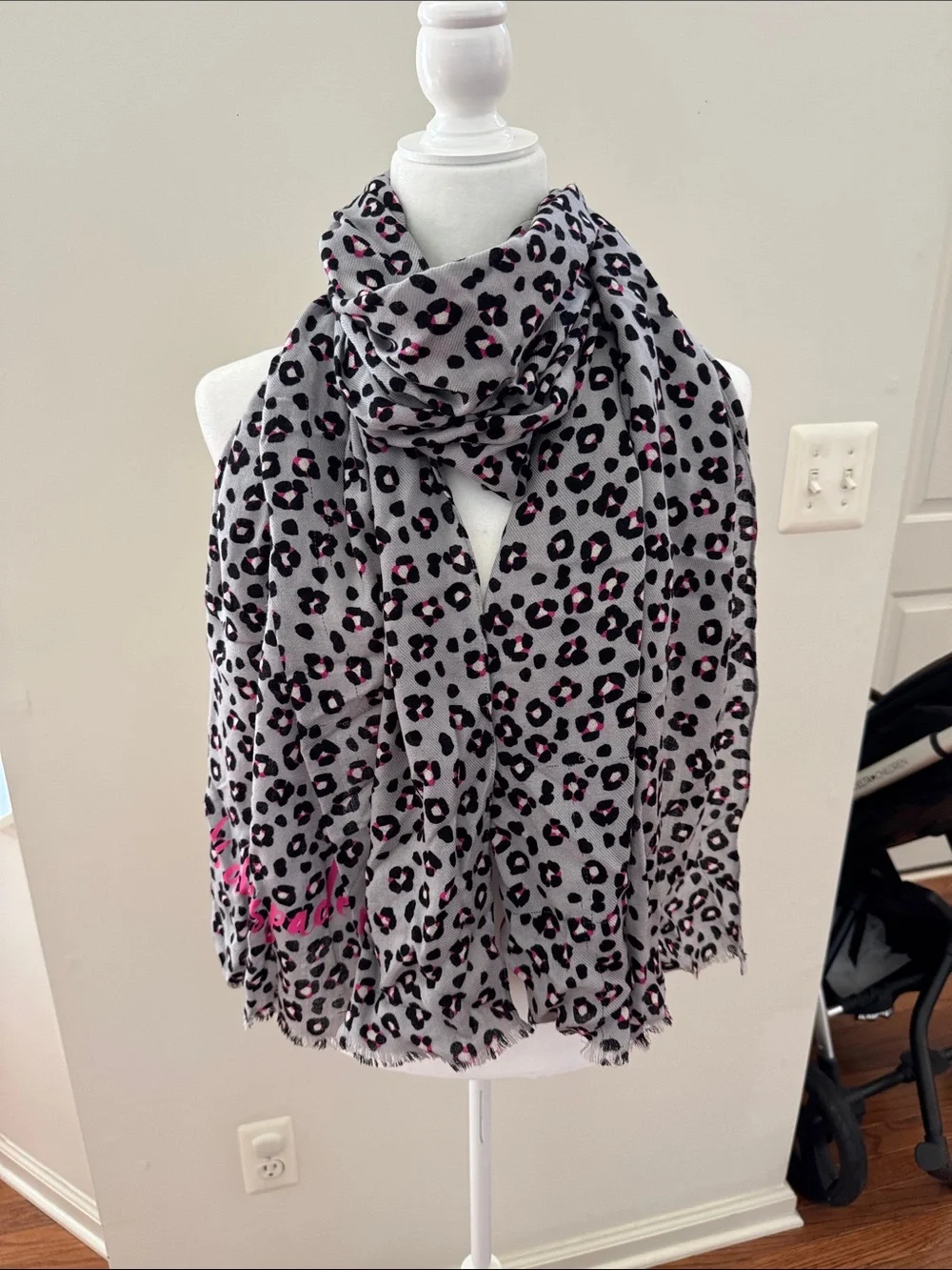 Women's Grey Leopard Print Scarf with Pink Spot Accents